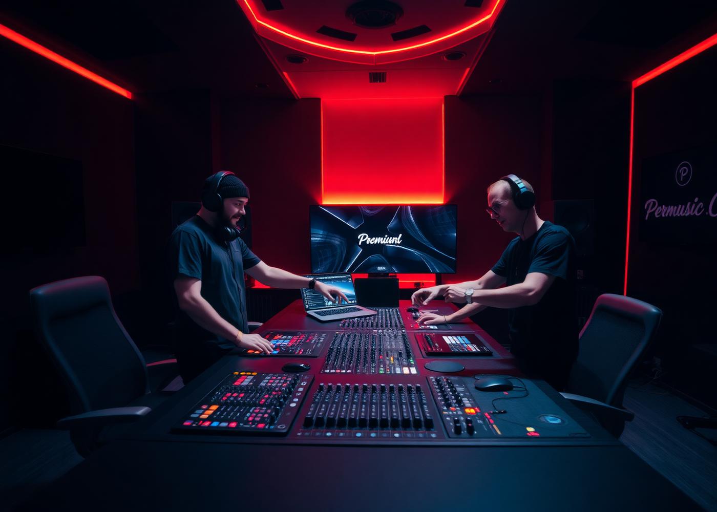 Producers die samen muziek bespreken in de studio