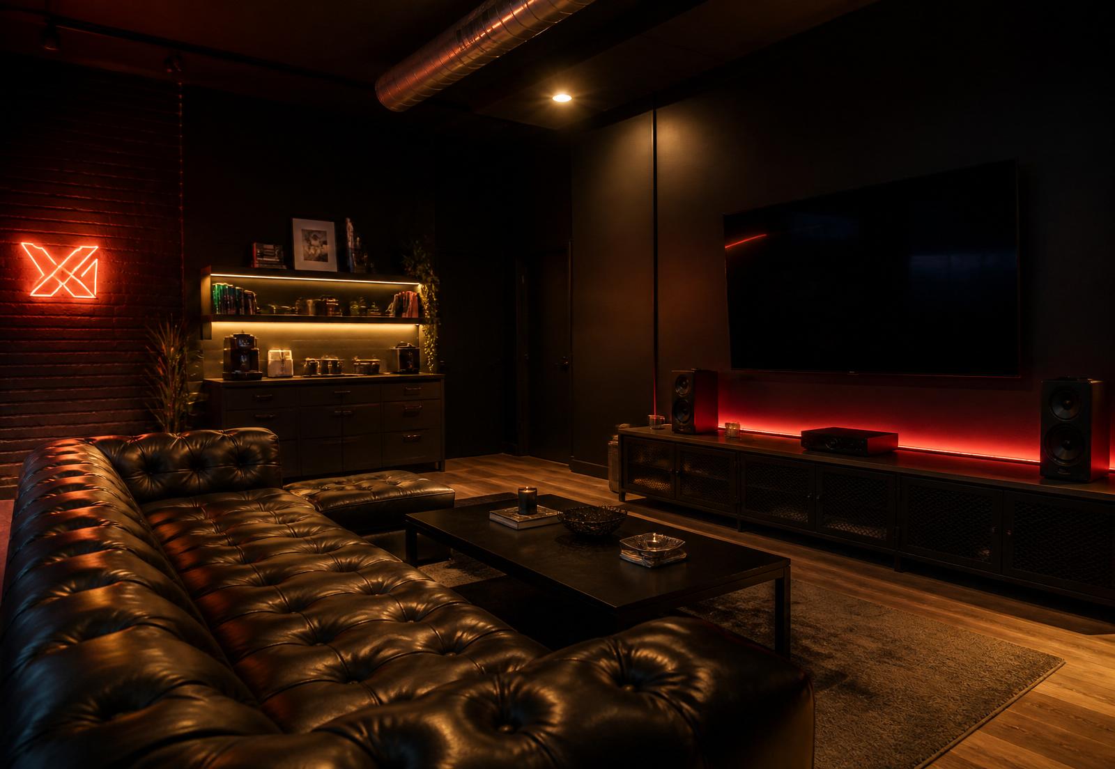 Premium lounge met loungebank, grote TV en koffiehoek